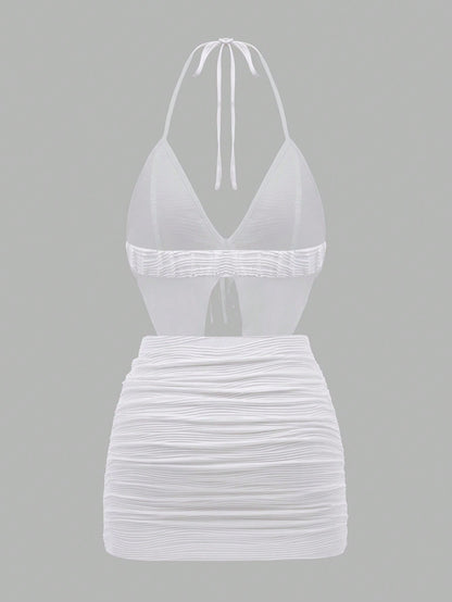 SHEIN DivaQ Conjunto de top tanque sin mangas con tirante de cuello halter y falda asimétrica con dobladillo dividido en unicolor para mujeres de verano