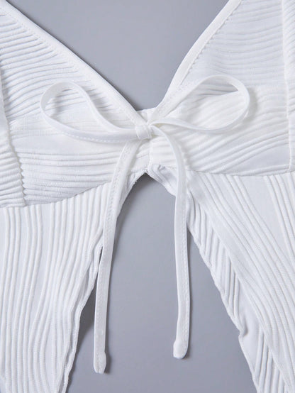 SHEIN DivaQ Conjunto de top tanque sin mangas con tirante de cuello halter y falda asimétrica con dobladillo dividido en unicolor para mujeres de verano