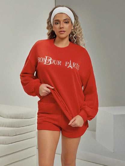 SHEIN VARSITIE 2 piezas Conjunto casual de top de manga larga con cuello redondo y estampado de letra, y shorts para mujer