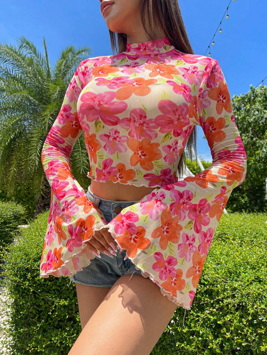 SHEIN VCAY Blusa de manga acampanada estampada de moda para mujer para vacaciones