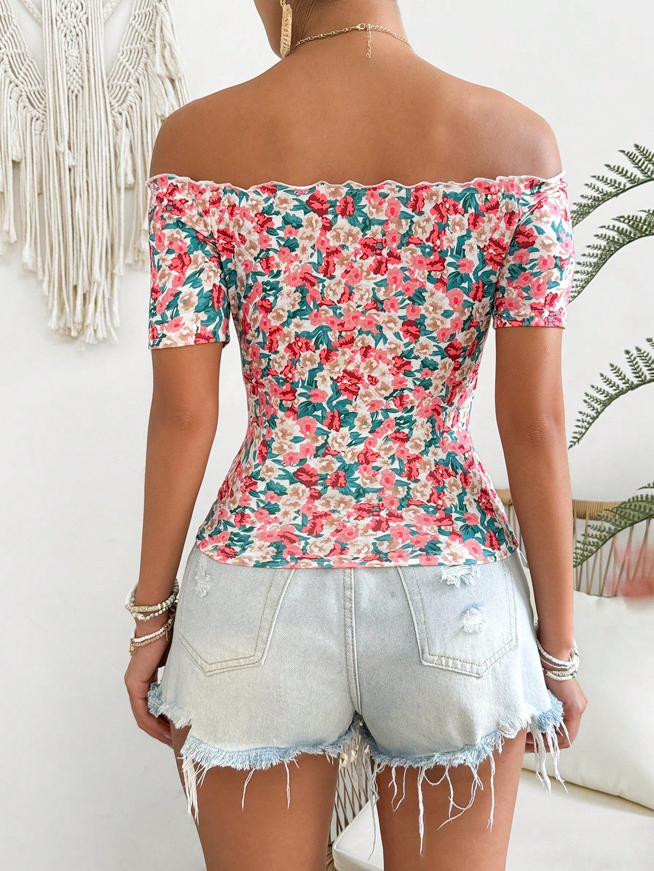 SHEIN VCAY Camiseta de verano para mujer de ajuste delgado con patrón floral y hombros descubiertos