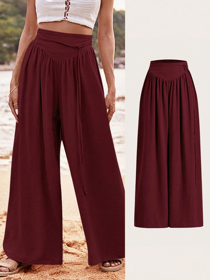 SHEIN VCAY Pantalones anchos sueltos de talle alto y plisados para mujer, de unicolor, ideales para vacaciones