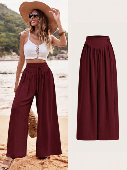 SHEIN VCAY Pantalones anchos sueltos de talle alto y plisados para mujer, de unicolor, ideales para vacaciones