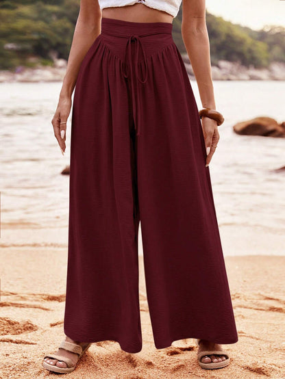 SHEIN VCAY Pantalones anchos sueltos de talle alto y plisados para mujer, de unicolor, ideales para vacaciones