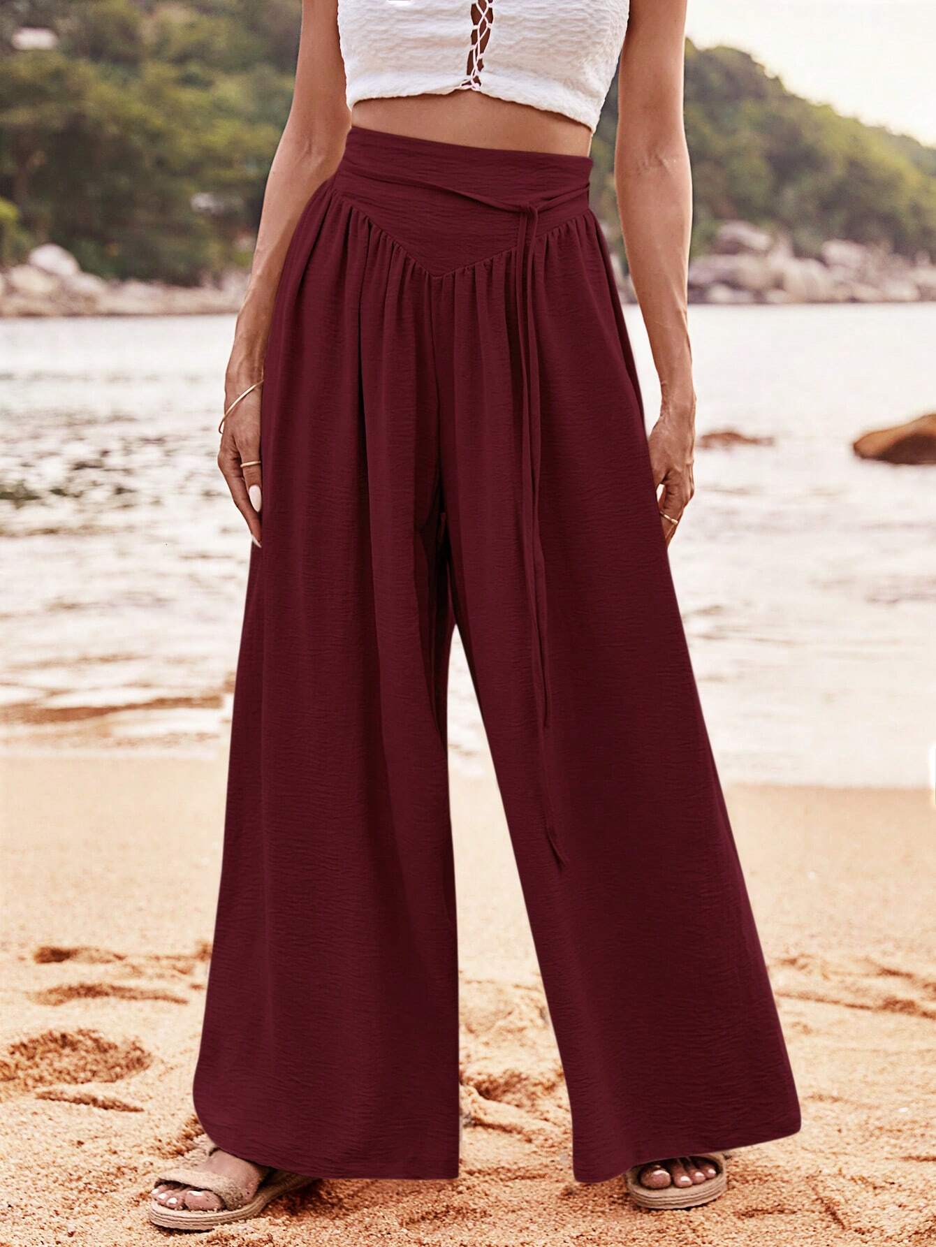 SHEIN VCAY Pantalones anchos sueltos de talle alto y plisados para mujer, de unicolor, ideales para vacaciones