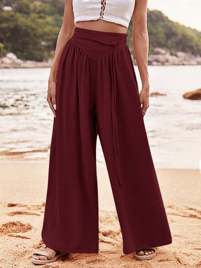 SHEIN VCAY Pantalones anchos sueltos de talle alto y plisados para mujer, de unicolor, ideales para vacaciones