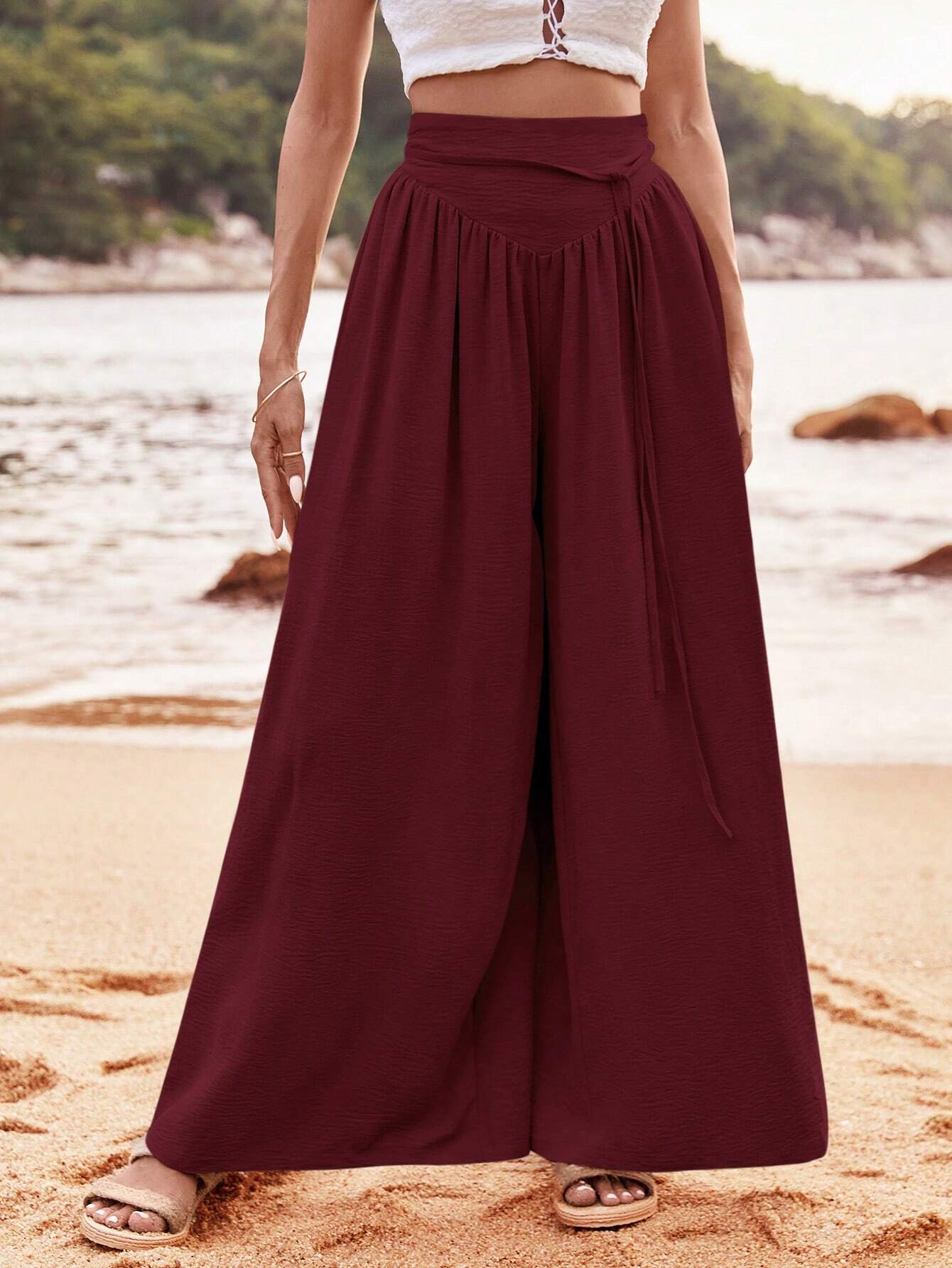 SHEIN VCAY Pantalones anchos sueltos de talle alto y plisados para mujer, de unicolor, ideales para vacaciones