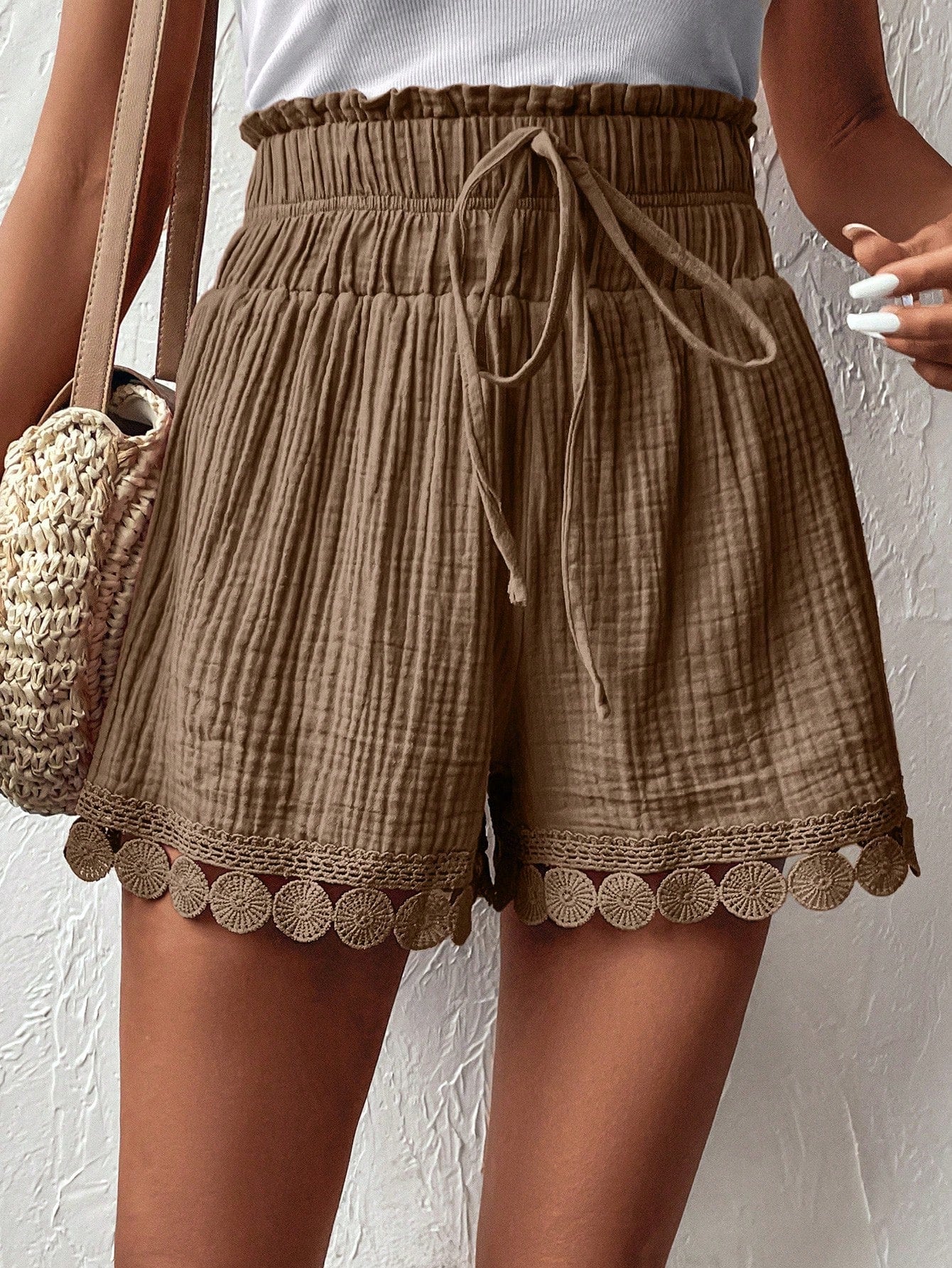 SHEIN VCAY Shorts De Verano Casuales Con Patrón Texturizado, Pretina Elástica Con Cordón
