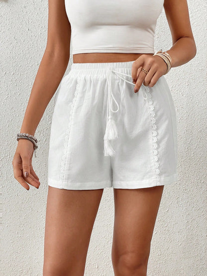 SHEIN VCAY Shorts panel con encaje con fleco de cintura con cordón