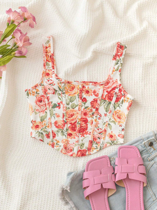 SHEIN VCAY Top De Tanque De Vacaciones Con Dobladillo Asimétrico Y Estampado Floral