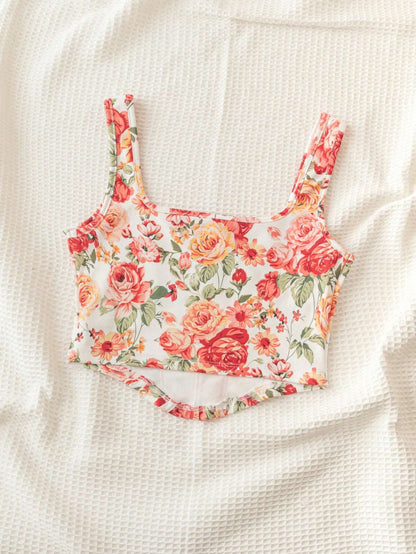 SHEIN VCAY Top De Tanque De Vacaciones Con Dobladillo Asimétrico Y Estampado Floral