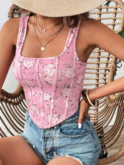SHEIN VCAY Top corto de punto con estampado impreso para mujeres, vacaciones