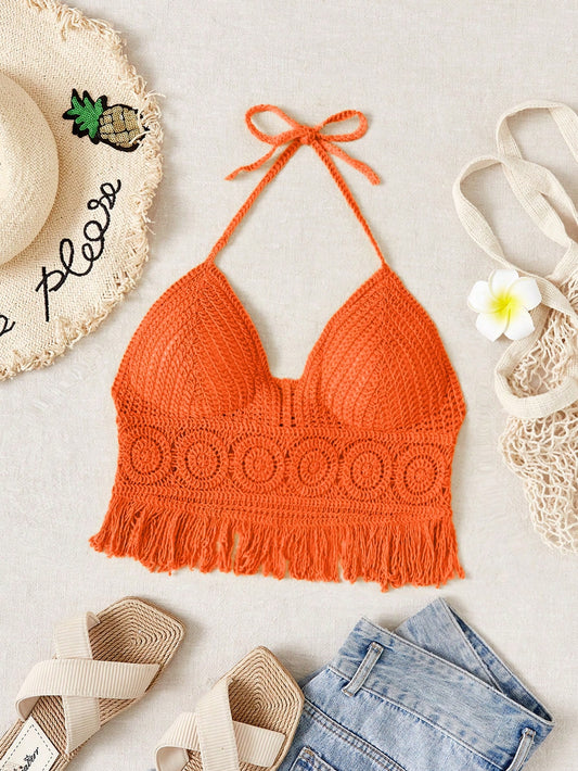 SHEIN VCAY Top de punto con cuello de halter, bajo con flecos y empalme de unicolor, para vacaciones