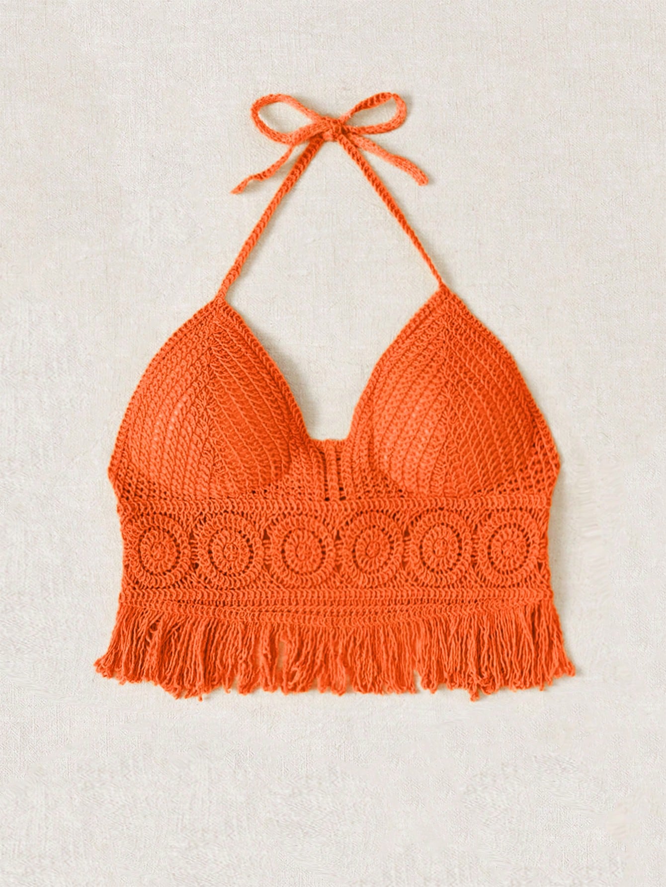 SHEIN VCAY Top de punto con cuello de halter, bajo con flecos y empalme de unicolor, para vacaciones