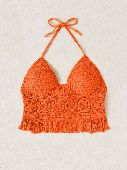 SHEIN VCAY Top de punto con cuello de halter, bajo con flecos y empalme de unicolor, para vacaciones