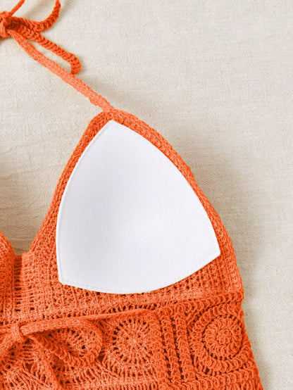 SHEIN VCAY Top de punto con cuello de halter, bajo con flecos y empalme de unicolor, para vacaciones