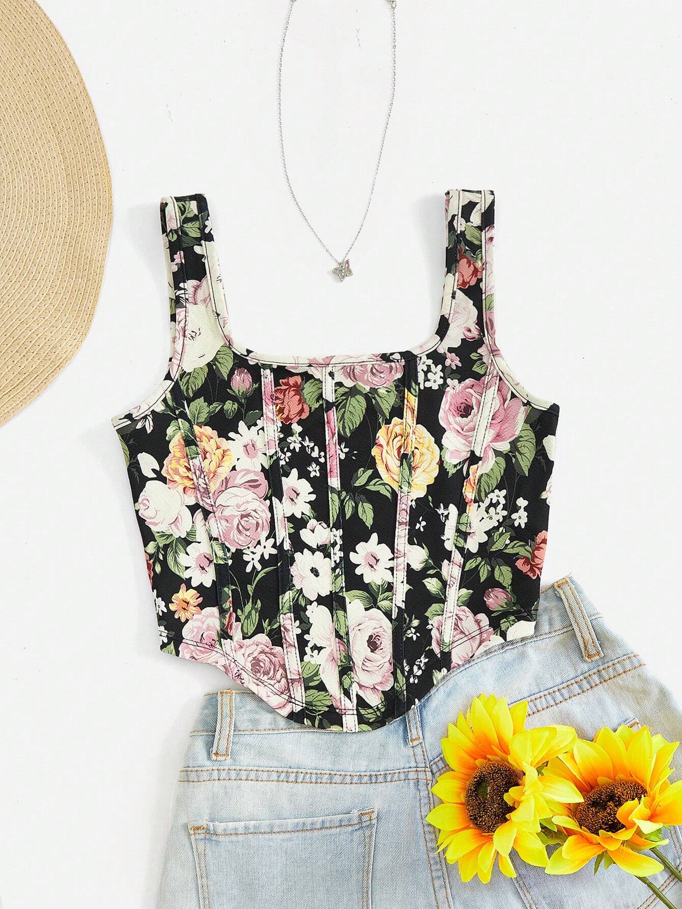 SHEIN VCAY Top de tanque floral impreso de vacaciones para atuendo de vacaciones de mujeres