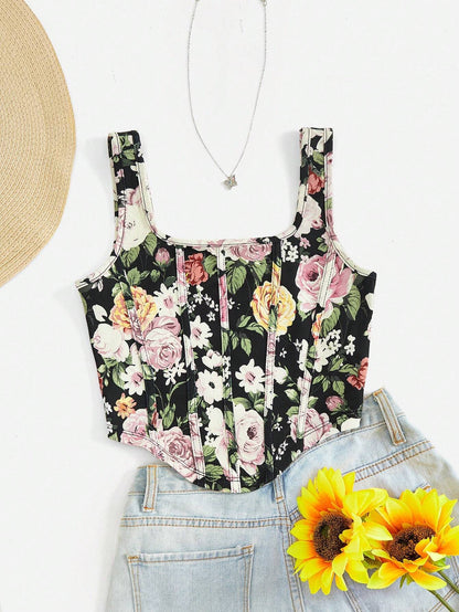 SHEIN VCAY Top de tanque floral impreso de vacaciones para atuendo de vacaciones de mujeres