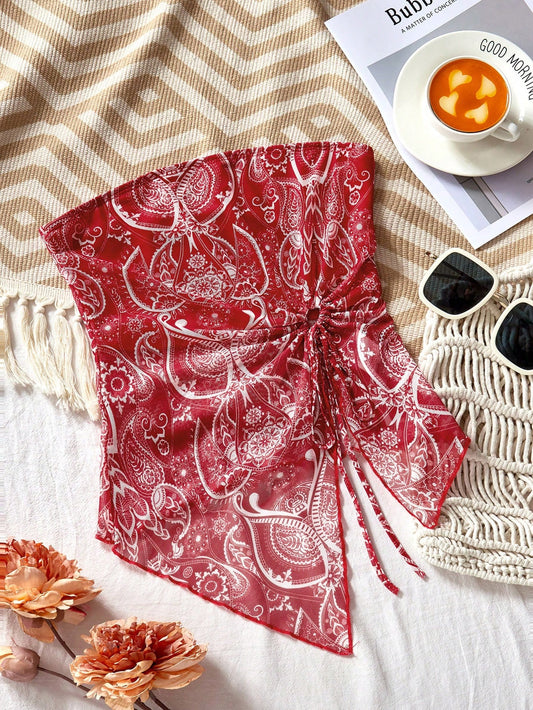 SHEIN VCAY Top de tubo de malla tejida con estampado de paisley y dobladillo asimétrico para mujer