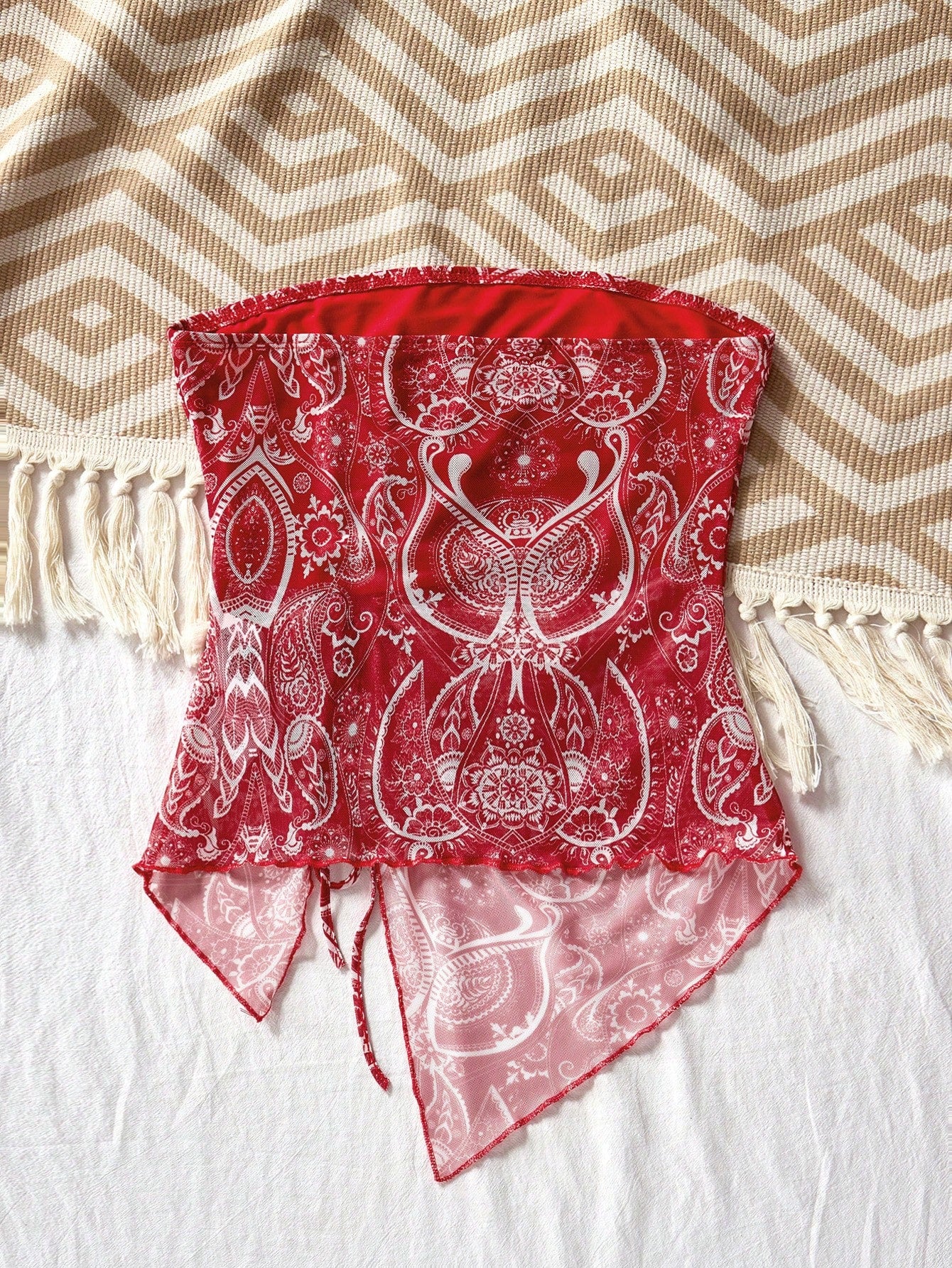SHEIN VCAY Top de tubo de malla tejida con estampado de paisley y dobladillo asimétrico para mujer