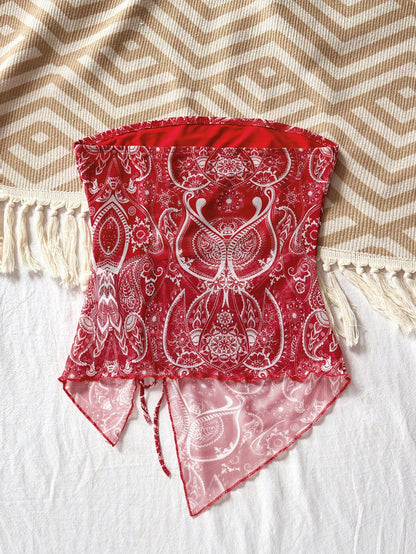 SHEIN VCAY Top de tubo de malla tejida con estampado de paisley y dobladillo asimétrico para mujer
