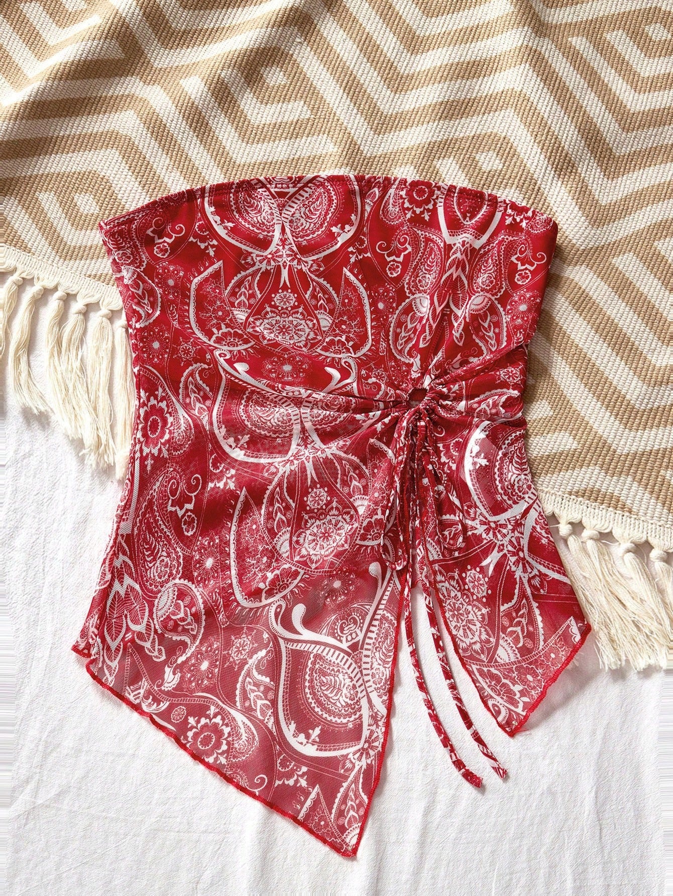 SHEIN VCAY Top de tubo de malla tejida con estampado de paisley y dobladillo asimétrico para mujer