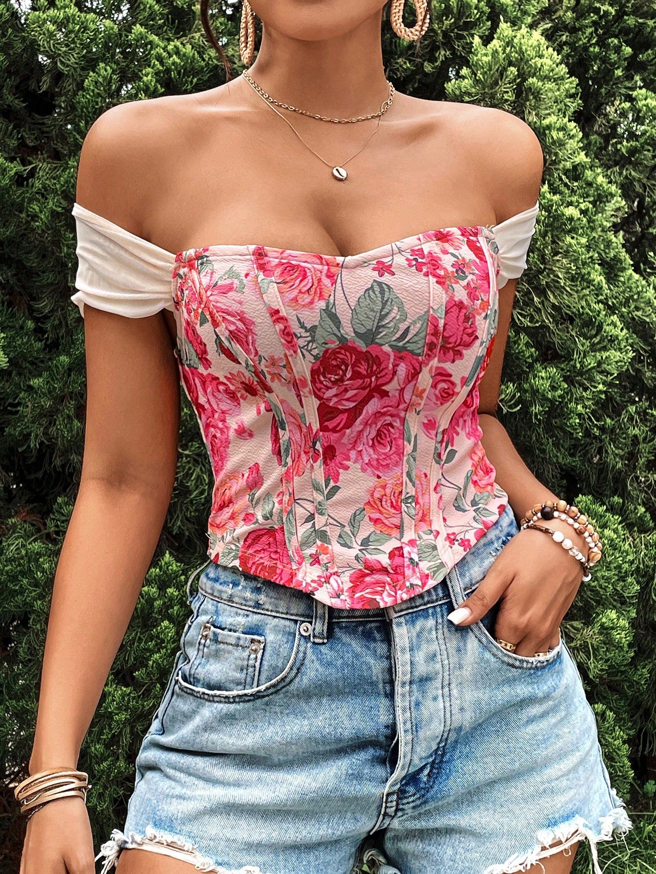 SHEIN VCAY Top para mujer estampado de punto fino, ajuste delgado y hombros abiertos regulares para vacaciones