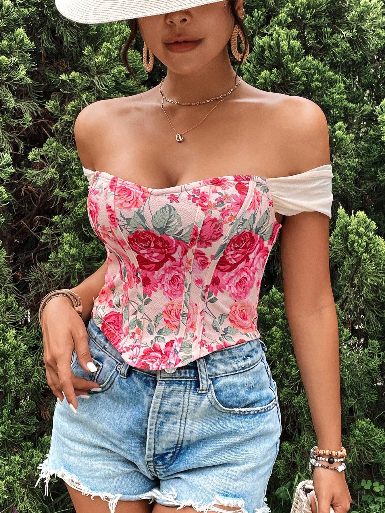 SHEIN VCAY Top para mujer estampado de punto fino, ajuste delgado y hombros abiertos regulares para vacaciones