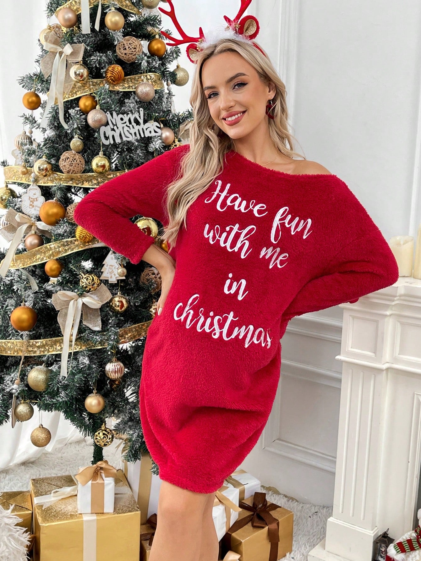 SHEIN Vestido de maternidad, vestido de embarazo con estampado de letras navideñas de hombros caídos y cuello sobredimensionado rojo navidad, otoño y primavera