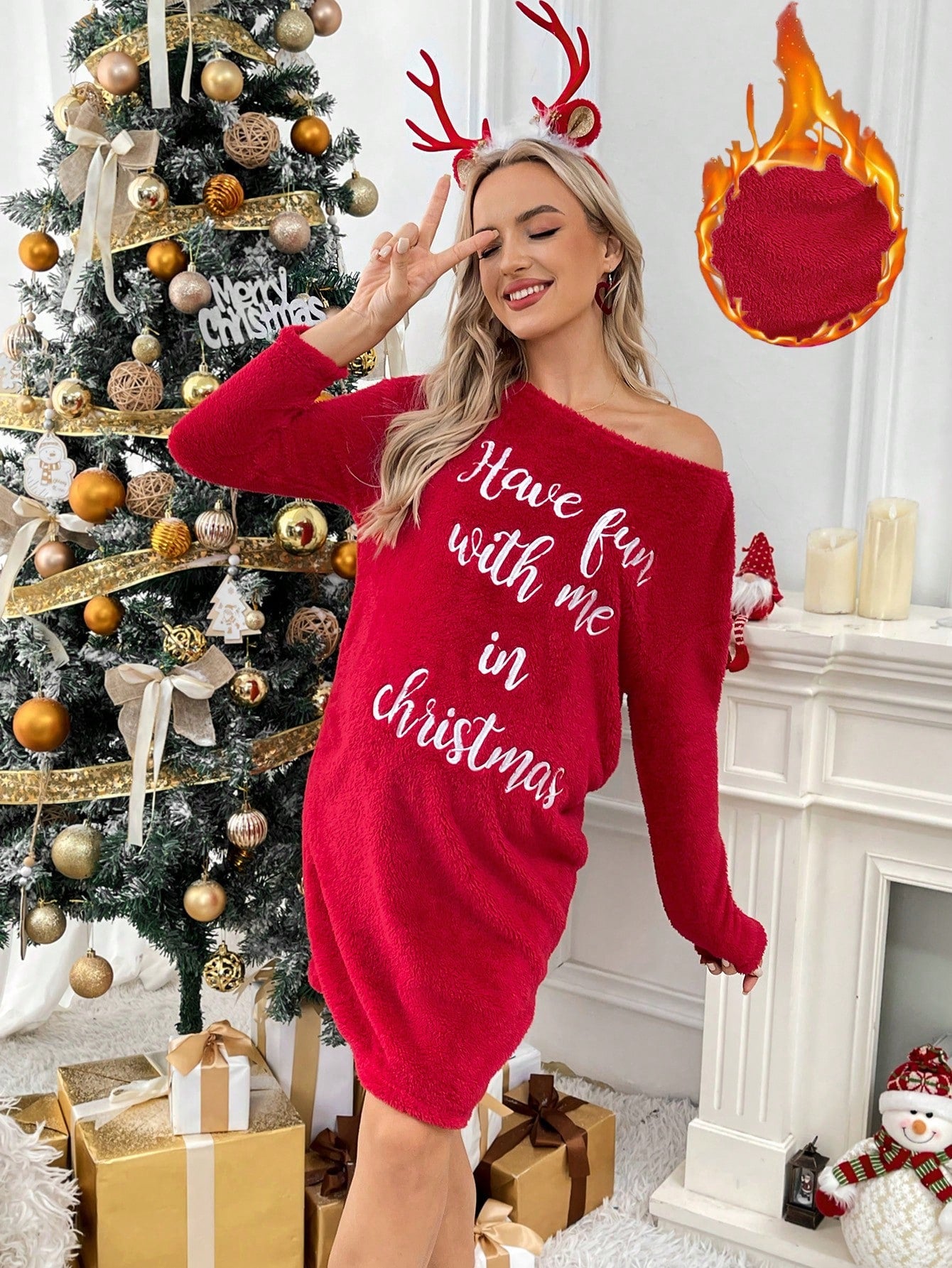 SHEIN Vestido de maternidad, vestido de embarazo con estampado de letras navideñas de hombros caídos y cuello sobredimensionado rojo navidad, otoño y primavera