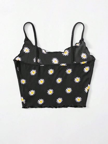 SHEIN WYWH Top De Tirantes Con Estampado De Margaritas Y Ribete De Lechuga Para Mujeres