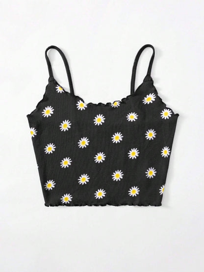 SHEIN WYWH Top De Tirantes Con Estampado De Margaritas Y Ribete De Lechuga Para Mujeres