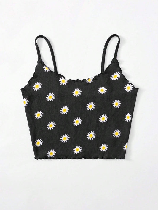 SHEIN WYWH Top De Tirantes Con Estampado De Margaritas Y Ribete De Lechuga Para Mujeres