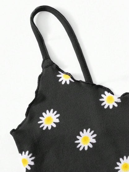 SHEIN WYWH Top De Tirantes Con Estampado De Margaritas Y Ribete De Lechuga Para Mujeres
