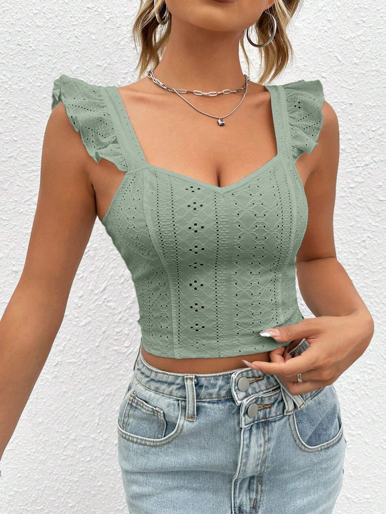 SHEIN WYWH Top crop con bordado con ojal ribete con fruncido