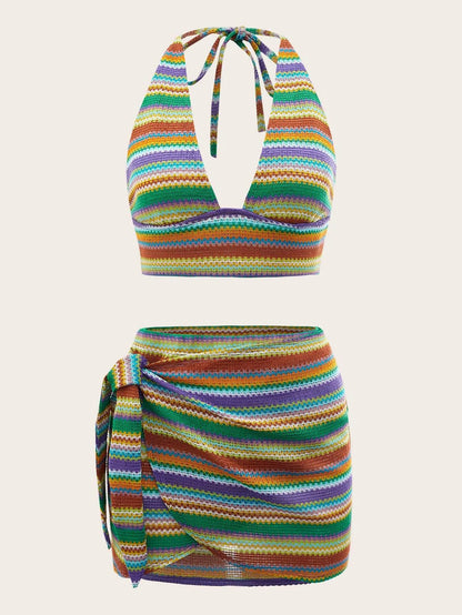 SHEIN WYWH con patrón de rayas Top halter con falda cruzada Conjunto