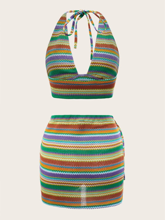 SHEIN WYWH con patrón de rayas Top halter con falda cruzada Conjunto