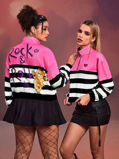 SHEIN X Care Bears DAYDREAMS AND ICE CREAMS 1 pieza Sudadera con media cremallera y cuello alto de mujer informal con estampado de oso de dibujos animados y rayas, para primavera y otoño