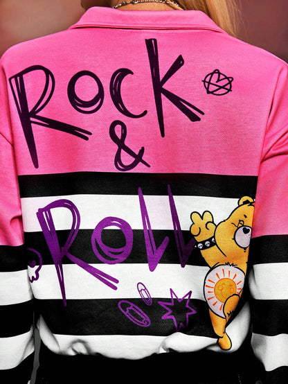 SHEIN X Care Bears DAYDREAMS AND ICE CREAMS 1 pieza Sudadera con media cremallera y cuello alto de mujer informal con estampado de oso de dibujos animados y rayas, para primavera y otoño