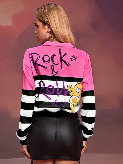 SHEIN X Care Bears DAYDREAMS AND ICE CREAMS 1 pieza Sudadera con media cremallera y cuello alto de mujer informal con estampado de oso de dibujos animados y rayas, para primavera y otoño