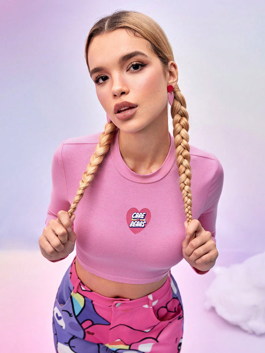 SHEIN X Care Bears DAYDREAMS AND ICE CREAMS Camiseta corta de manga larga con estampado de letras y corazones, de diseñador, para mujer, de estilo casual