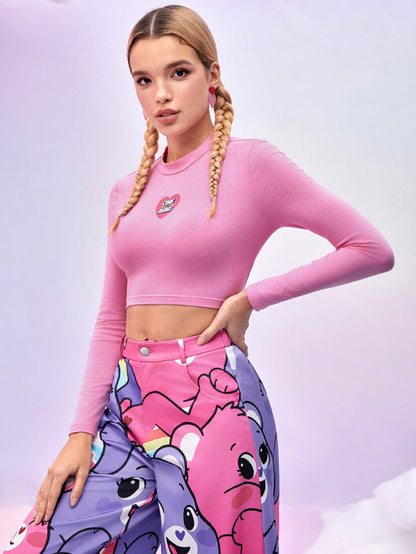 SHEIN X Care Bears DAYDREAMS AND ICE CREAMS Camiseta corta de manga larga con estampado de letras y corazones, de diseñador, para mujer, de estilo casual