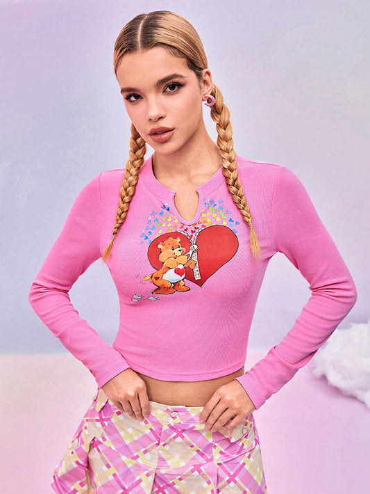 SHEIN X Care Bears FREAK CITY Camiseta corta de manga larga con cuello en V entallada y estampado de dibujos animados de diseñador