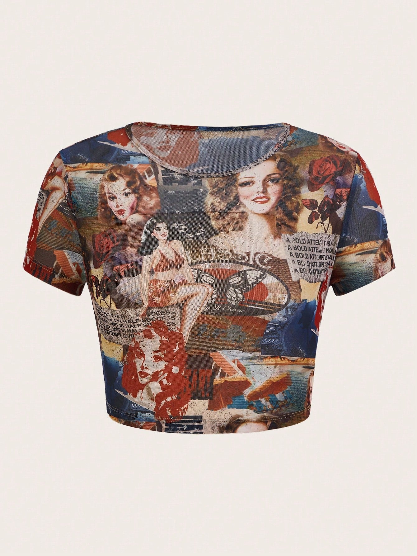 SHEIN X Doris Jocelyn SHEIN ICON Top con estampado de figura crop de malla