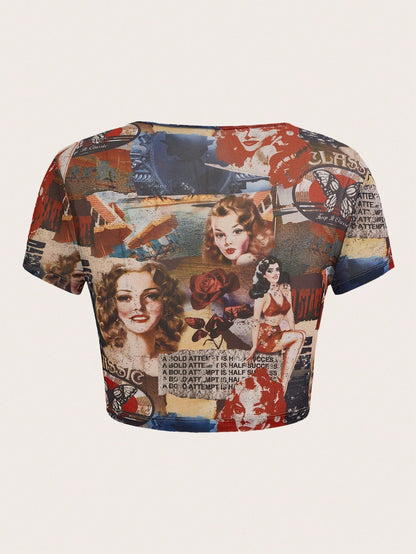 SHEIN X Doris Jocelyn SHEIN ICON Top con estampado de figura crop de malla