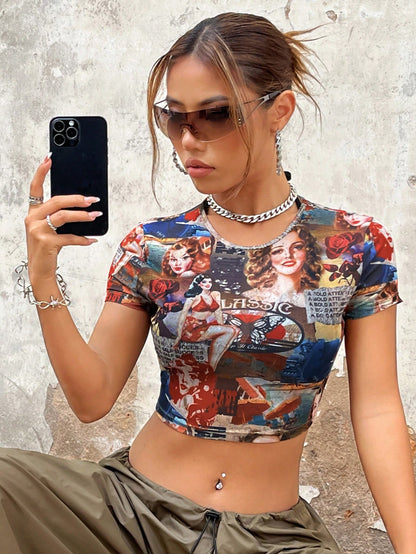 SHEIN X Doris Jocelyn SHEIN ICON Top con estampado de figura crop de malla