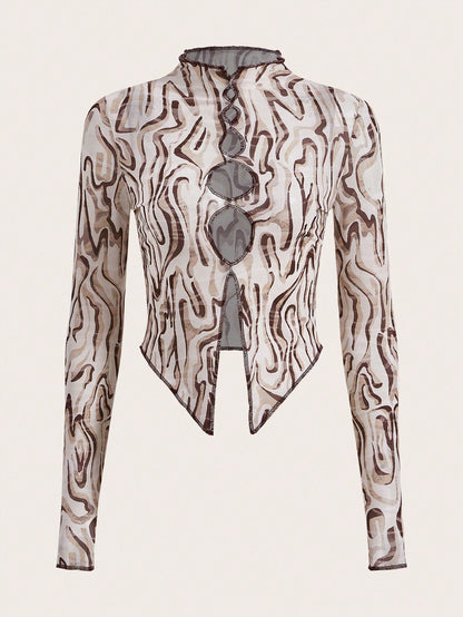 SHEIN X KeniaOs SHEIN ICON Camiseta corta asimétrica con estampado de mármol y abertura