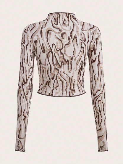 SHEIN X KeniaOs SHEIN ICON Camiseta corta asimétrica con estampado de mármol y abertura