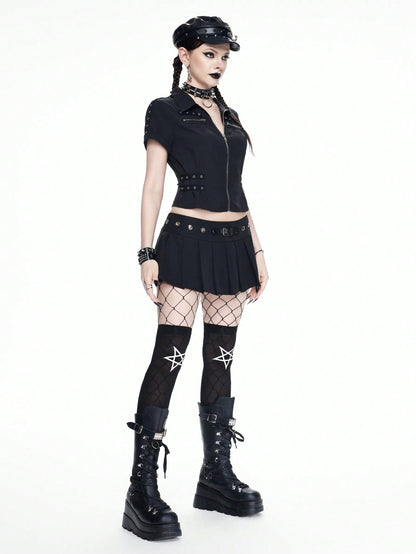 SHEINxHITOMI ROMWE Minifalda plisada con ojetes metálicos de cintura extrabaja, sexy y punk, para mujeres