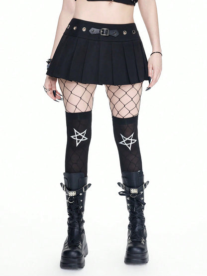 SHEINxHITOMI ROMWE Minifalda plisada con ojetes metálicos de cintura extrabaja, sexy y punk, para mujeres